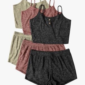 Ekouaer 3 Set Ribbed Pajamas Crop Cami Top and Shorts Pjs Casual Set